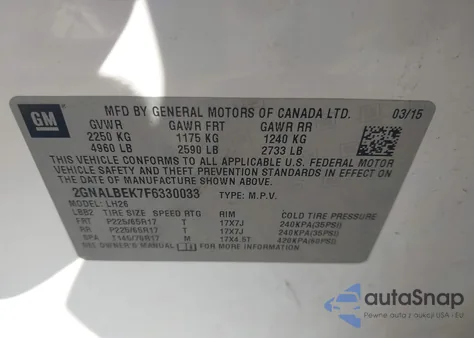 2015 Chevrolet Equinox 1Lt from USA, damaged, VIN 2GNALBEK7F6330033